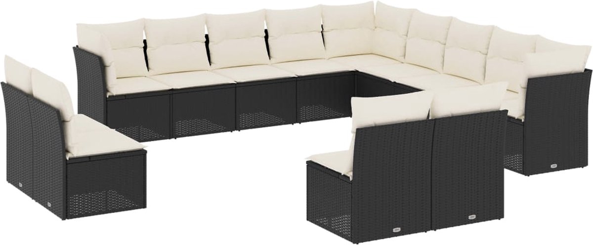 Zwarte poly rattan loungeset met kussens voor tuindecoratie.