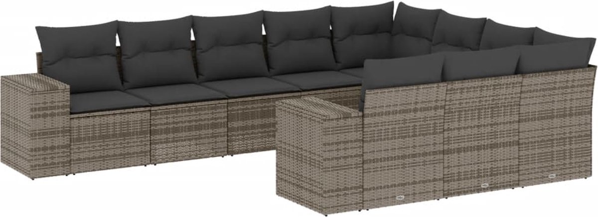 The Living Store 10-delige Loungeset met kussens poly rattan grijs - Loungebank - Tuinset - Lounge Set - Buitendecoratie - Outdoor Furniture