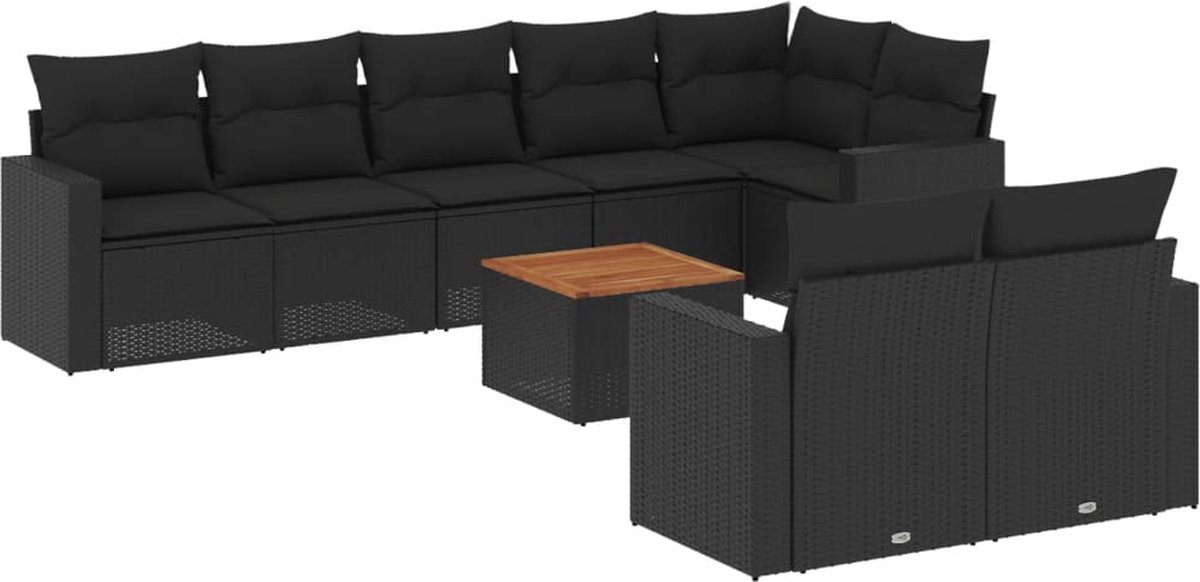 Zwarte poly rattan loungeset met kussens voor buiten - Tuinmeubilair.