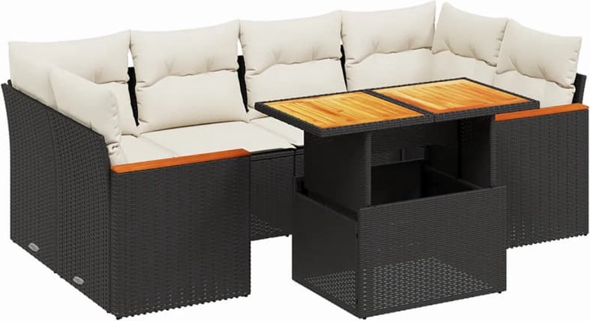 The Living Store 7-delige Loungeset met kussens poly rattan zwart - Loungebank - Lounge Set - Tuinset - Buitendecoratie - Tuinlounge