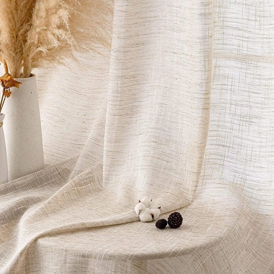 EMEMA Gordijnen, linnen, gordijn met oogjes, voile, linnenlook, modern, half -transparant, voor woonkamer, decoratieve vitrage, keukengordijnen, set van 2, 140 x 175 cm (b x h), beige