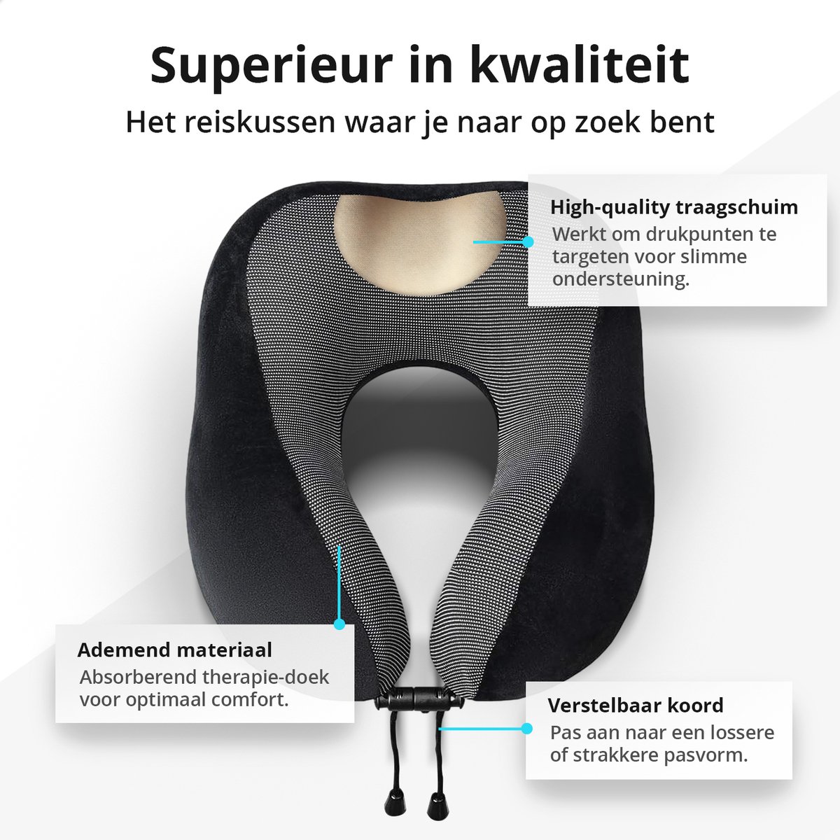 GoGoods® Reiskussen - Luxe Nekkussen Set - Vliegtuig - Auto - Traagschuim - Met Oordoppen, Oogmasker en Fleece Deken — afbeelding 4