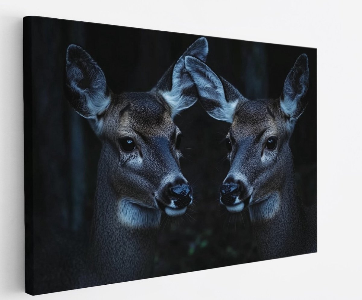 Saammp Canvas Schilderij - 2 Jonge Herten - Portret - Natuur - Dieren - 70x50 - Foto op canvas - Wanddecoratie - Muurdecoratie Woonkamer - Slaapkamer decoratie - Canvas Print Multicolor