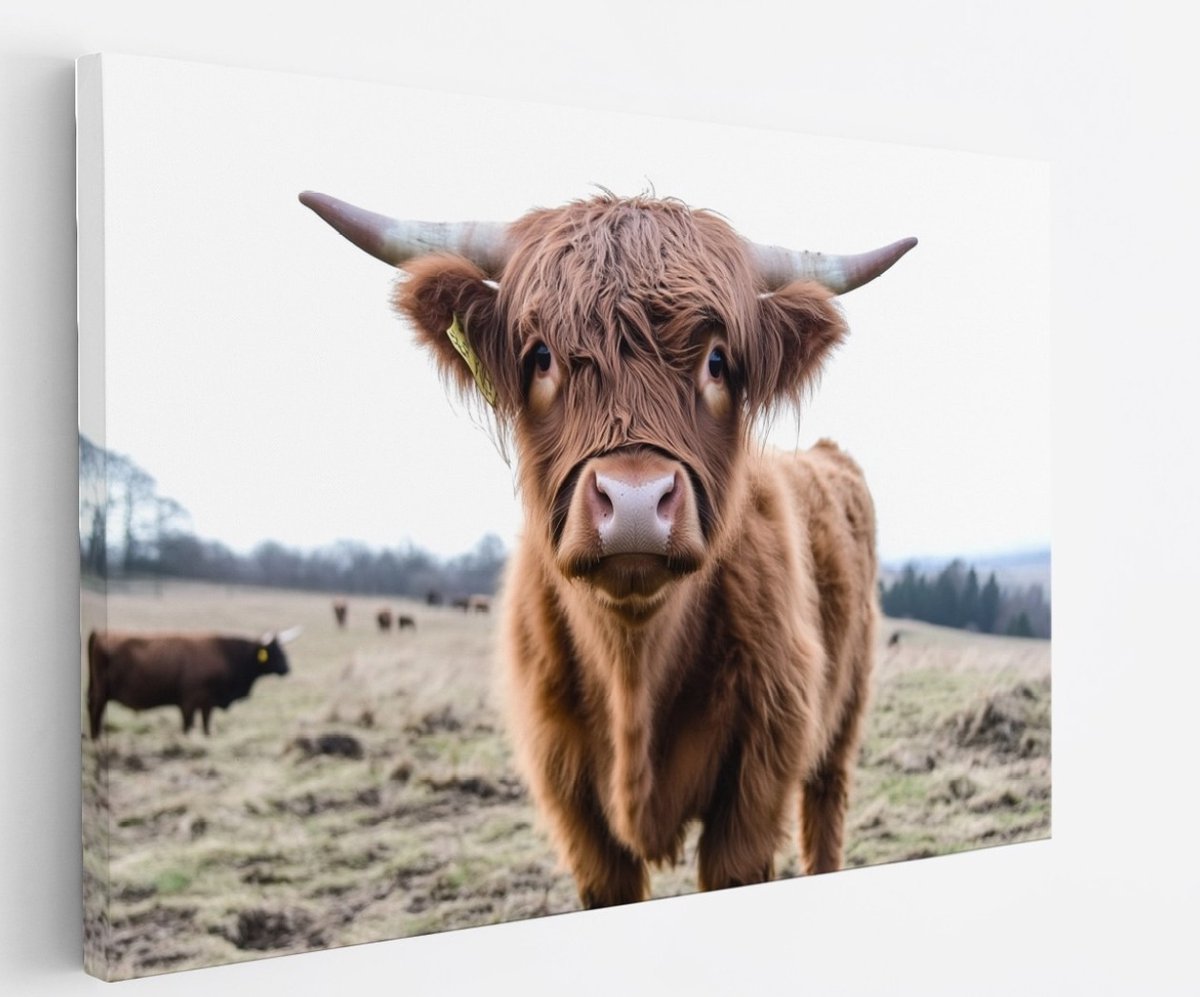 Saammp Canvas Schilderij Schotse Hooglander Koe op de heuvels - Dieren - Natuur - 50x40 - Foto op canvas - Wanddecoratie - muurdecoratie Woonkamer - Slaapkamer decoratie - Canvas Print Multicolor