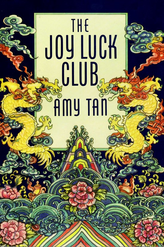 Couverture du livre 'The Joy Luck Club' par Amy Tan, avec deux dragons jaunes et des fleurs.