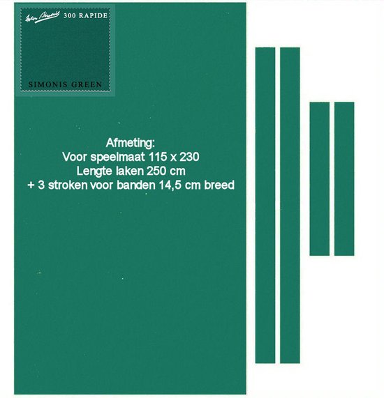 Carambole biljartlaken voor speelmaat 115 x 230 cm compleet met laken voor de banden. Kleur blauw groen