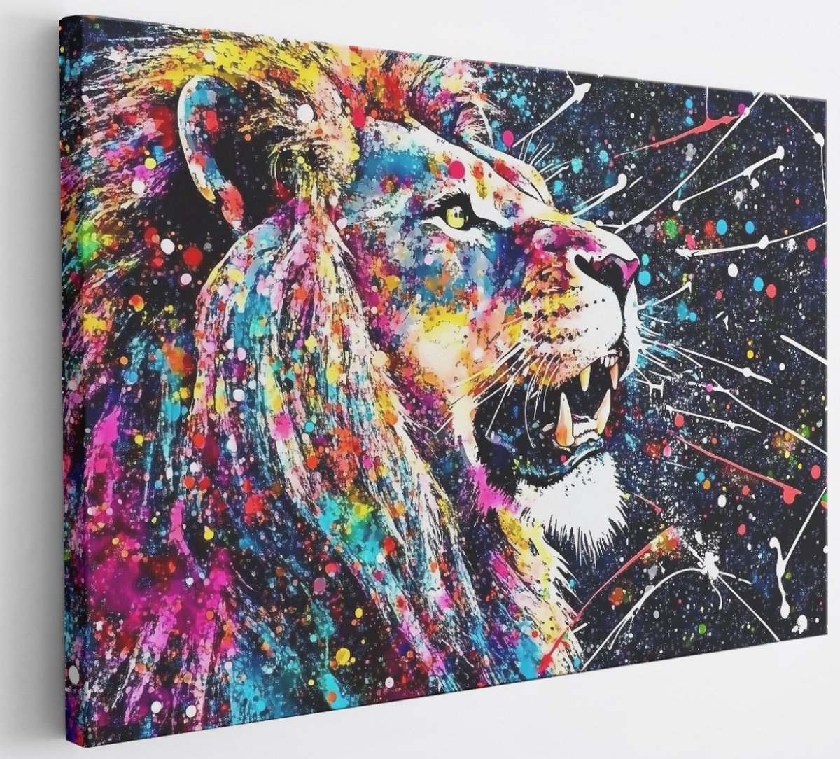 Saammp Canvas Schilderij - Kleurrijke Leeuw - verfspetters - Abstract - 30x20 - Foto op canvas - Wanddecoratie - Muurdecoratie Woonkamer - Slaapkamer decoratie - Canvas Print Multicolor