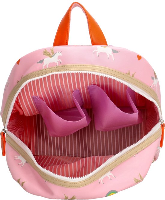 Open roze rugzak met eenhoorns, regenboogjes en hartjes. Gestreept interieur.
