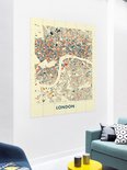 Un salon avec une grande décoration murale représentant une carte de la ville de Londres en bleu, orange et rouge sur fond crème.