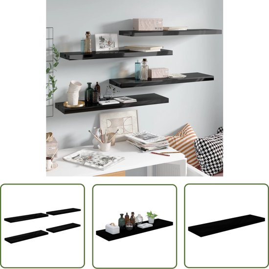 The Living Store Wall Shelf Set - Étagères murales Trendy en MDF nid d'abeille et métal - Noir brillant - 90 x 23,5 x 3,8 cm