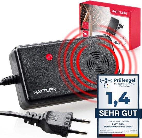 PATTLER® Marterverjager voor de auto, werkt op batterijen voor ca. 40m² - met ultrasone geluiden en anti-gewenningeffect. Mobiele marterafweer met batterijvoeding. Marterafweer voor auto, huis, zolder