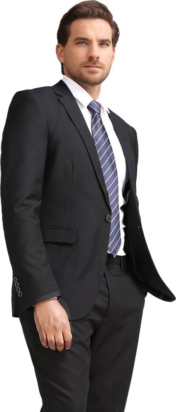 Man in zwart colbert met blauw-wit gestreepte das, gedeeltelijk open jasje.