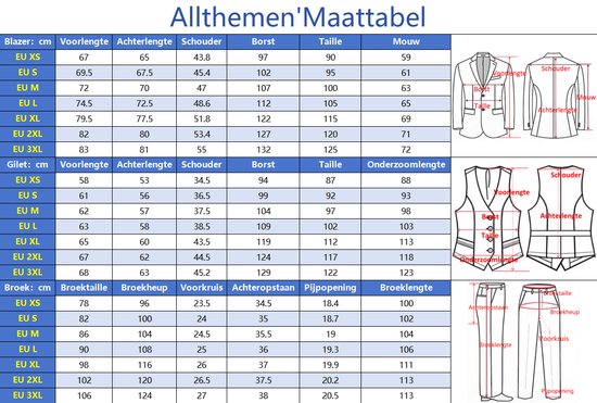 Maattabel voor kostuums, gilets en broeken met afmetingen in cm.