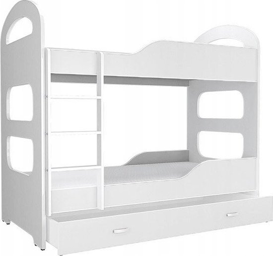 Wit MDF stapelbed met uitschuifbare lade en uitvalbeveiliging.