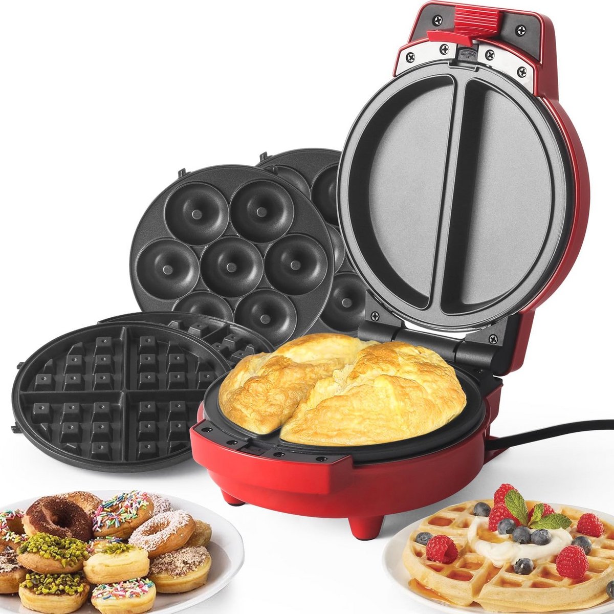Multifunctioneel 3-in-1 Wafelijzer met Verwisselbare Bakplaten voor Wafels, Donuts en Omeletten - 600 W