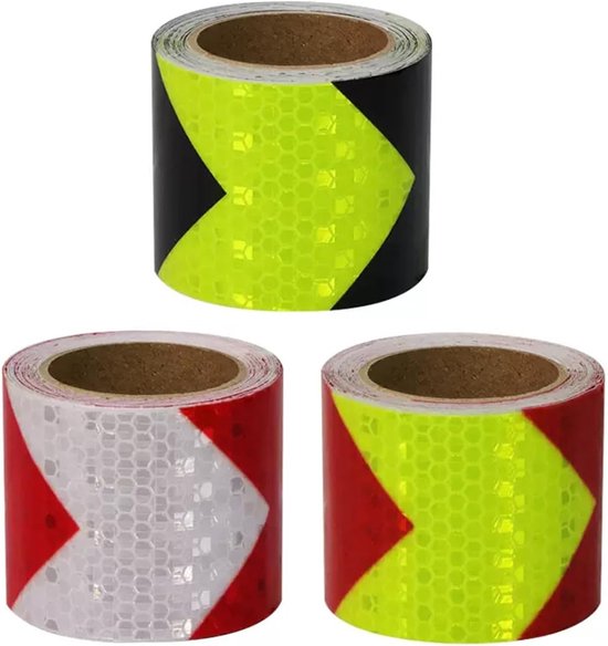 Drie rollen reflecterende tape: geel-zwart, rood-wit en geel-rood met pijlvormige patronen.