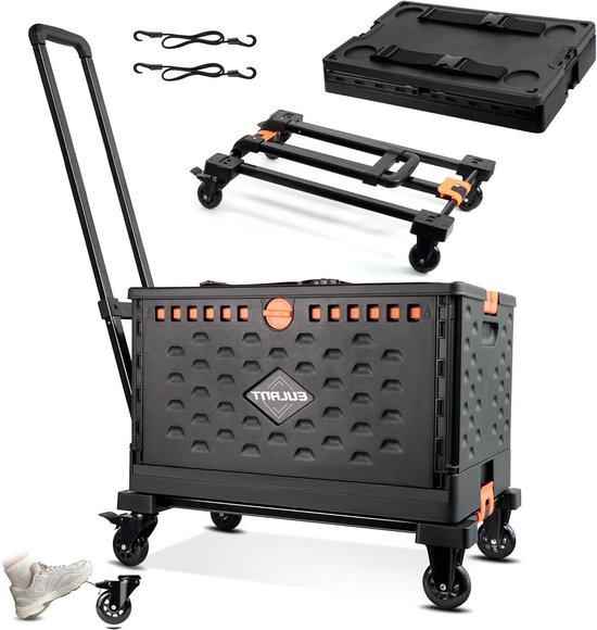 EULANT 2-in-1 opvouwbare steekwagen met 60L vouwdoos en deksel, Utility Transport Trolley Box Cart met 360 ° roterende wielen & 2 elastische touwen, krat op wielen met verstelbaar handvat en rem