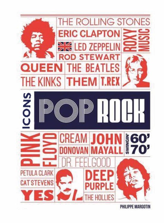 Poster met "Pop Rock Icons", met rode afbeeldingen van Jimi Hendrix, Eric Clapton, David Bowie, Freddie Mercury, en de tekst "The Rolling Stones", "Queen", "The Beatles", "Led Zeppelin" en "Roxy Music".