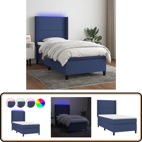 vidaXL Boxspring met LED - Blauw - 90x190 cm Boxspring - Led Bed - Boxspring Met Matras - Tweepersoons Bed - Blauwdruk Bed