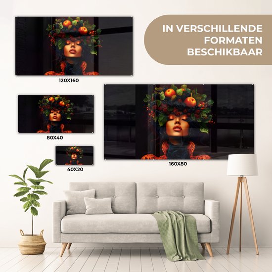 MuchoWow® Glasschilderij 120x60 cm - Schilderij acrylglas - Vrouw - Zwart - Bessen - Bramen - Appels - Foto op glas - Muurdecoratie woonkamer - Wanddecoratie slaapkamer - Schilderijen