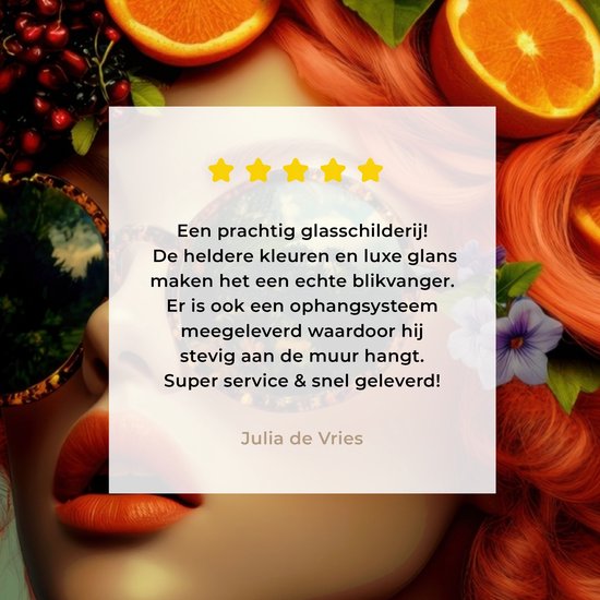 MuchoWow® Glasschilderij 30x40 cm - Schilderij acrylglas - Vrouw - Sinaasappel - Bessen - Oranje - Foto op glas - Muurdecoratie woonkamer - Wanddecoratie slaapkamer - Schilderijen