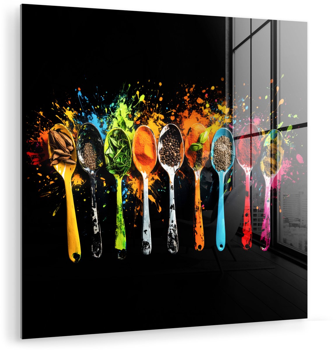 MuchoWow® Glasschilderij 50x50 cm - Schilderij acrylglas - Lepels - Kruiden - Modern - Graffiti - Verf - Kleurrijk - Foto op glas - Muurdecoratie woonkamer - Wanddecoratie slaapkamer - Schilderijen