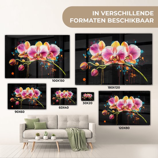 MuchoWow® Tableau sur verre 120x80 cm - Tableau sur verre acrylique - Orchidée - Graffiti - Coloré - Fleurs - Abstrait - Photo sur verre - Décoration murale salon - Décoration murale chambre - Peintures