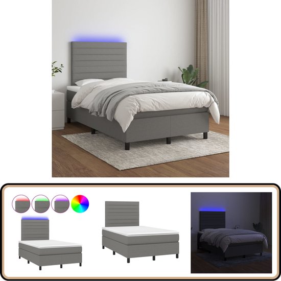vidaXL Boxspring LED - 120x200 cm - Donkergrijs Boxspring Bed - Donkere ...