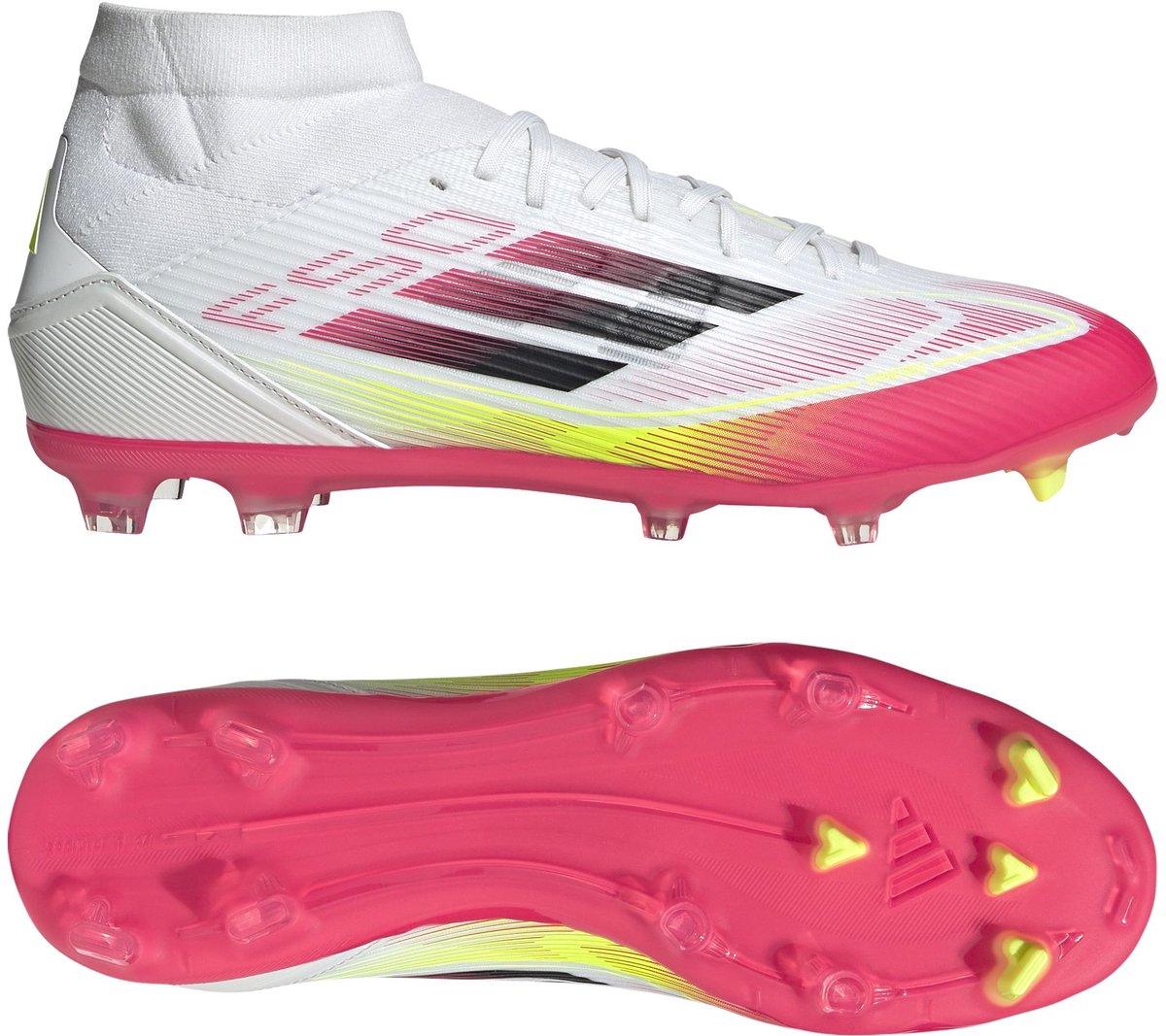 Adidas F50 League Mid voetbalschoenen in wit-geel met roze accenten, maat 46, ontworpen voor snelheid en kracht.