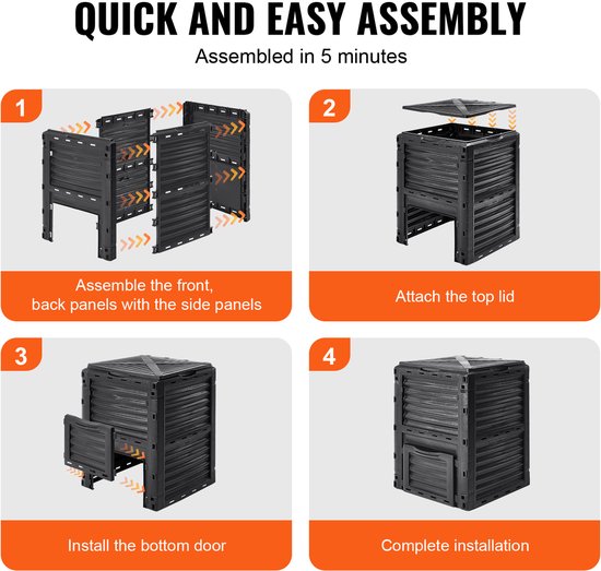 Stapsgewijze montagehandleiding voor de compostbak, met "QUICK AND EASY ASSEMBLY".