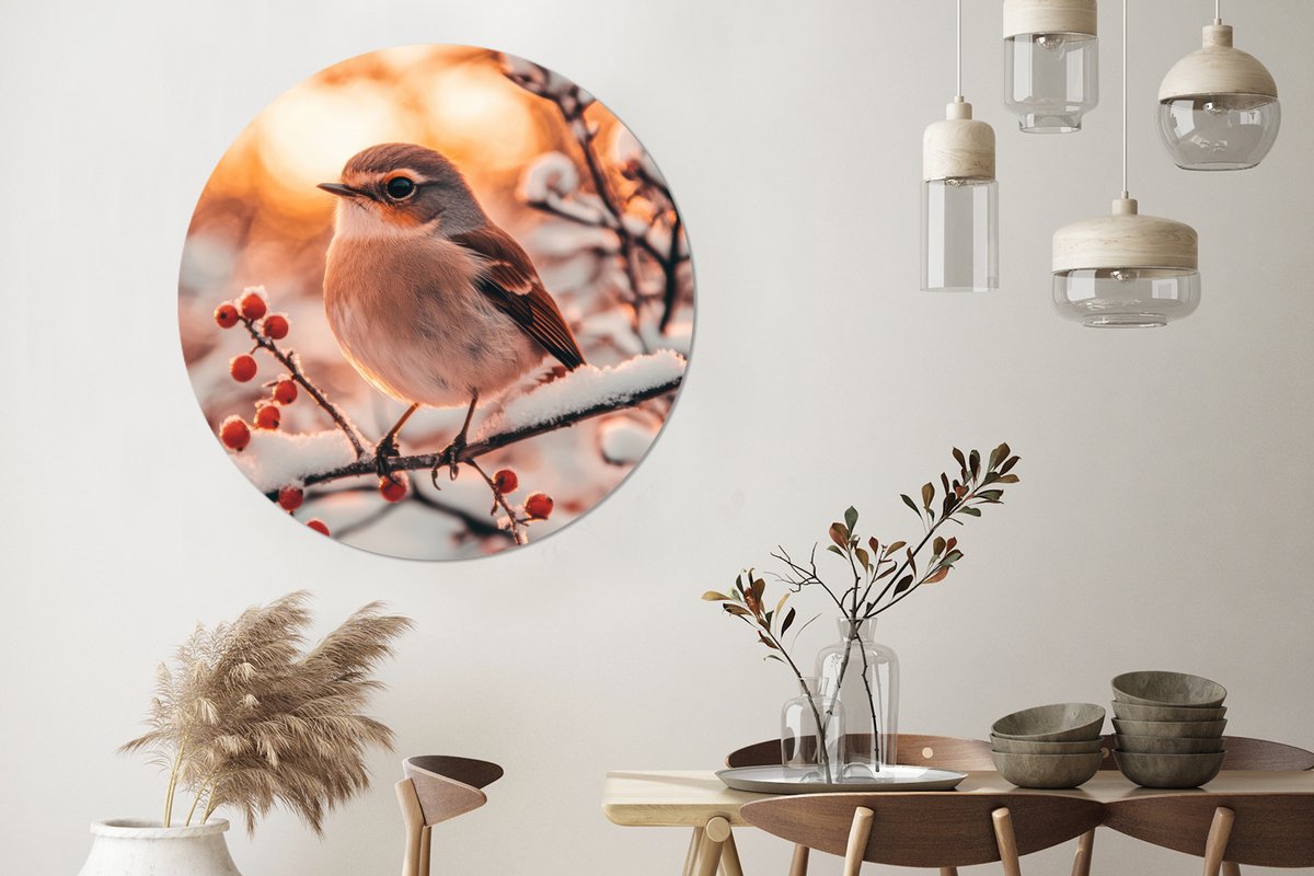 WallCircle Wandcirkel - Muurcirkel - Vogel - Tak - Winter - Dieren - Sneeuw - Aluminium - Dibond - 140x140 cm - Binnen en Buiten