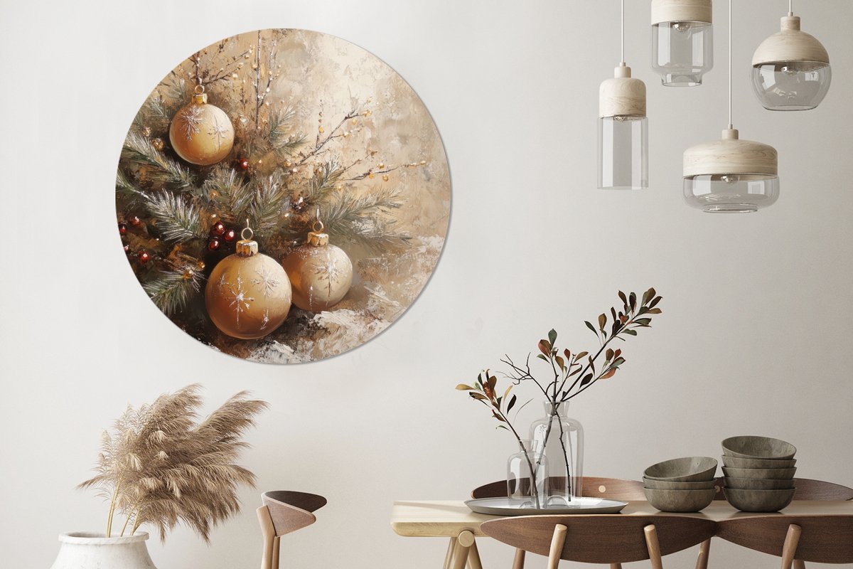 WallCircle Wandcirkel - Muurcirkel - Kerst - Kerstballen - Beige - Goud - Aluminium - Dibond - 140x140 cm - Binnen en Buiten