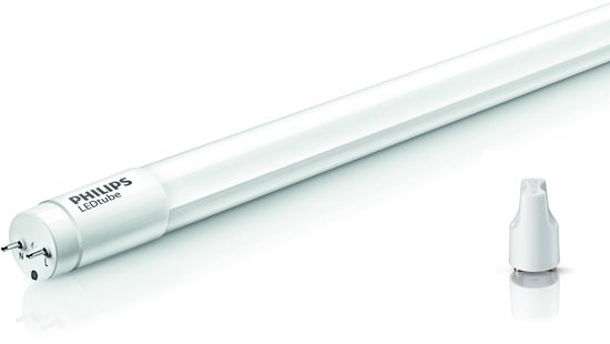 Philips LEDtube lamp met witte behuizing, grijze fitting en losse starter.