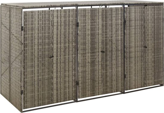 Een lange, grijze containerberging met vier deuren en een geweven textuur.