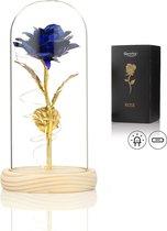 Rose de Luxe en Glas avec LED - Rose dorée sous cloche en Verres - Fête des mères - Connue de La Beauty et la Bête - Cadeau pour la mère de son amie - Blauw - Base lumineuse - Qwality