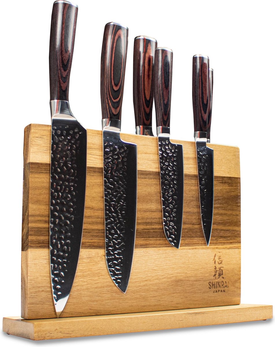 7-piece Japanese knife set damascus print + acacia wooden knife holder –  KookGigant