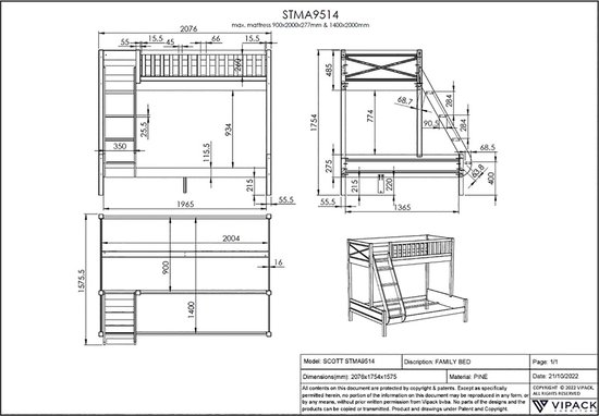Vipack Stapelbed Scott 3-persoons - 140 + 90 x 200 cm - wit