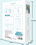 Productdoos met onderdelenlijst, instructies, waarschuwing en afmetingen 19x6x26cm.