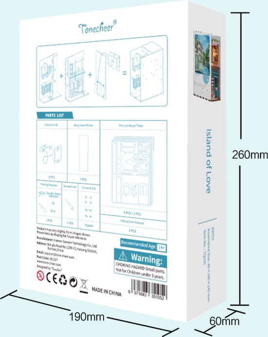 Productdoos met onderdelenlijst, instructies, waarschuwing en afmetingen 19x6x26cm.