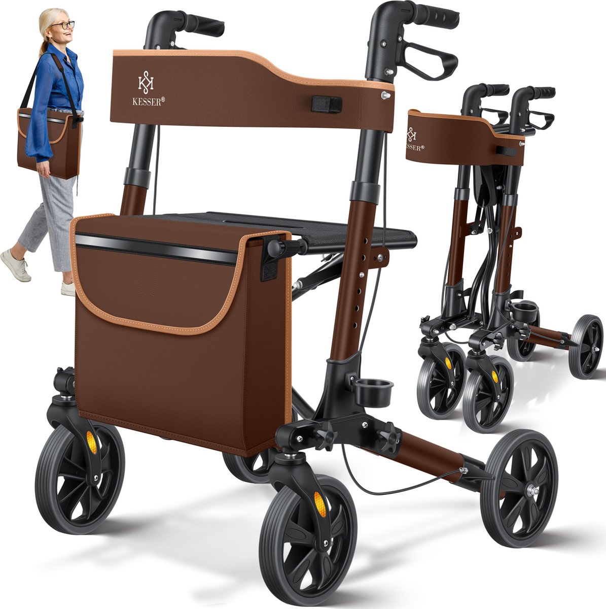 KESSER Rollator | Lichtgewicht & Inklapbaar | Looprek Opvouwbare aluminium rollator Licht loophulpmiddel - Bruin