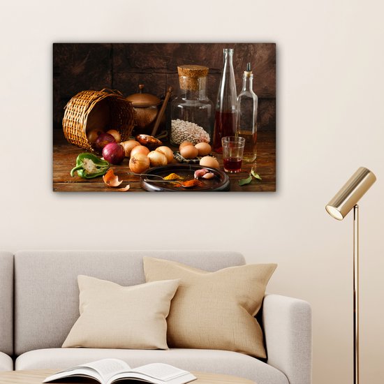 Canvas schilderij - Foto op doek - Groente - Eieren - Kruiden - Eten - Stilleven - Muurdecoratie - 60x40 cm - Canvas doek