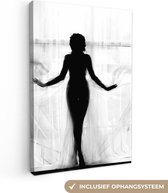 Canvas schilderij - Foto op canvas - Silhouet - Gordijn - Vrouw - Zwart - Wit - Canvas doek - Wanddecoratie - 60x90 cm - Canvas foto