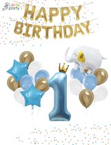 Loha-party®Folie ballon cijfer 1-De 1e verjaardag ballonnen set-De eerste verjaardag-slinger-Olifant-Goud kroon-Blauw cijfer 1-XXL cijfer 1 Ballon-Jongen-Gouden ster-Verjaardag decoratie-Versiering ballonnen-Cijfer balloon met kroon