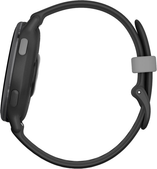 Zijkant van een zwart Garmin sporthorloge met grijze bandhouder.