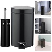 Cheqo® 2-Delige Badkamerset - Pedaalemmer (3L) + Toiletborstel met Houder - RVS - Zwart - Badkamer Accessoires - Prullenbak Badkamer