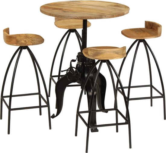 The Living Store Ensemble de bar en bois - Bois de manguier Massief - Structure en acier - Hauteur de table réglable - Style industriel - 1 table de bar - 4 chaises de bar
