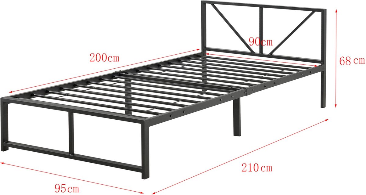 Metalen bed Fernanda - Bedframe - Met bedbodem - Zwart - 90x200 - Staal - Modern design