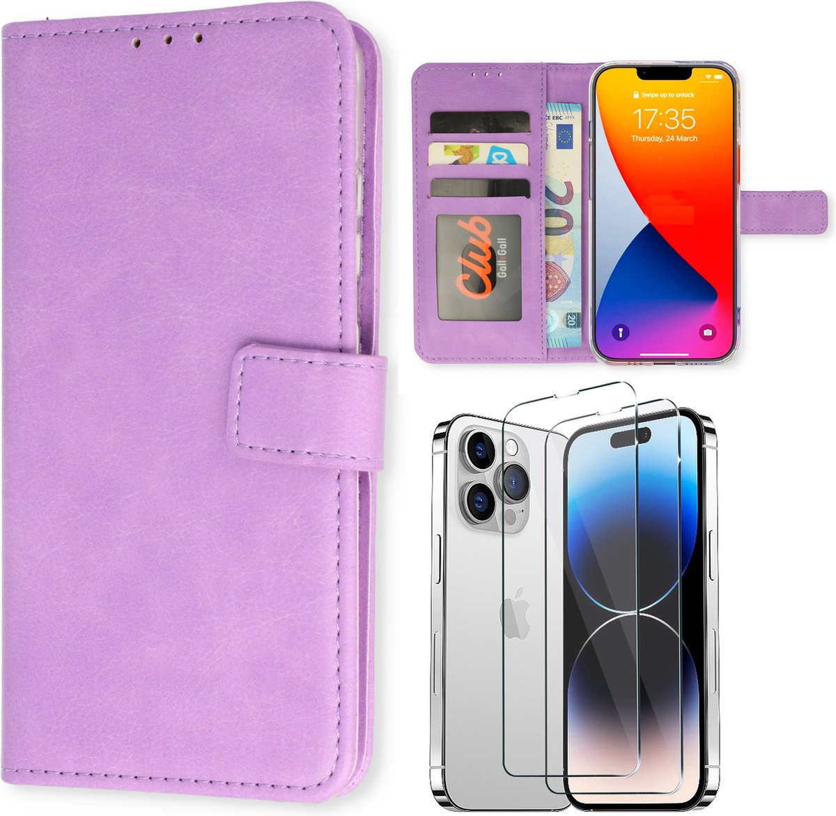 Casemania Hoesje Geschikt voor Apple iPhone 15 Pro Max Paars & 2X Glazen Screenprotector- Portemonnee Book Case - Kaarthouder & Magneetlipje