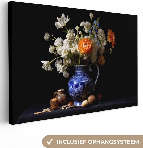 Peinture sur toile Fleurs - Bleu de Delft - Cruche - Nature morte - Néerlandais - 90x60 cm - Décoration murale