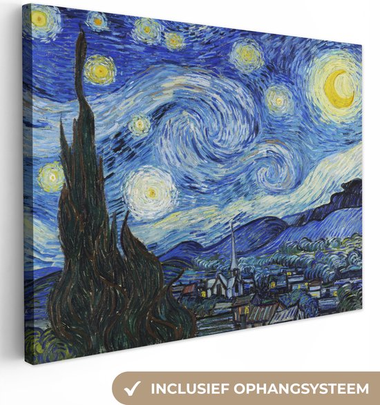 Vincent van Goghs Sterrennacht, donkere cipresboom links, draaikolken en sterren in een nachtelijke hemel boven een dorp.